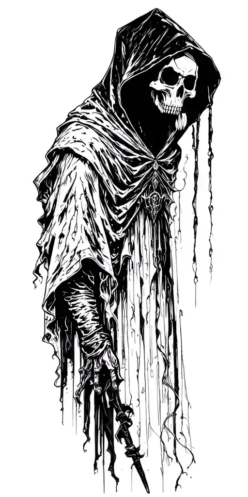 Hooded reaper Silhouette and death and shadow, terrifying, dark, goth, evil tattoo design idea