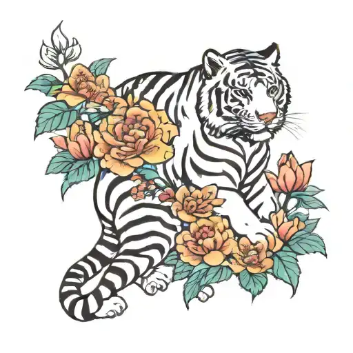 white tiger body and Asian flowers tattoo design idea