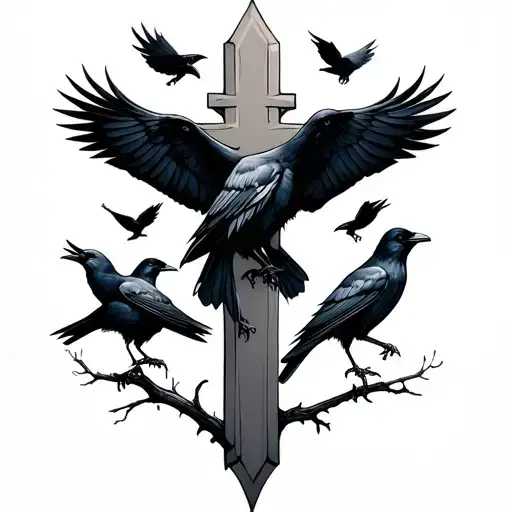 cross with 2 big crows and 4 small crows tattoo design idea