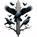 cross with 2 big crows and 4 small crows tattoo design idea