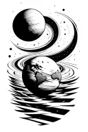 Planet Earth with the moon in orbit. Art showing gravitational waves between the two celestial bodies.  tattoo design idea