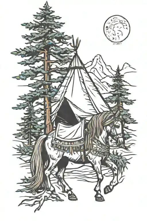 Dalla horse and spruce trees with a tent pitched tattoo design idea