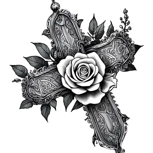 cross fineline with a crown of roses  tattoo design idea