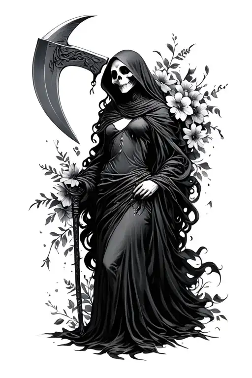 feminine grim reaper with scythe and flowers wrapped tattoo design idea