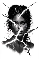 Women's face with electric light flashes that cross much of the face tattoo design idea