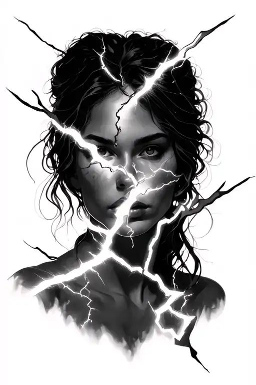 Women's face with electric light flashes that cross much of the face tattoo design idea