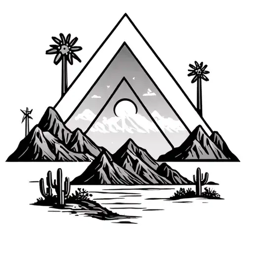 palm springs mountains with windmills and cactus and 3 triangles staggered tattoo design idea