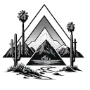 palm springs mountains with windmills and cactus and 3 triangles staggered tattoo design idea