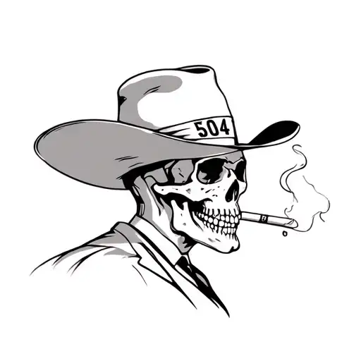 skull smoking a cigerette wearing a cowboy hat that has the 504 on it side profile  tattoo design idea
