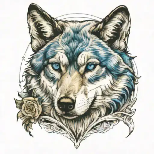Attention: Hyperrealistic tattoo  design, 8K only. I want a wolf with blue eyes and the duality of a woman and a wolf tattoo design idea