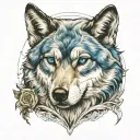 Attention: Hyperrealistic tattoo  design, 8K only. I want a wolf with blue eyes and the duality of a woman and a wolf tattoo design idea