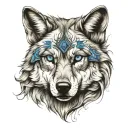 Attention: Hyperrealistic tattoo  design, 8K only. I want a wolf with blue eyes and the duality of a woman and a wolf tattoo design idea