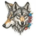 Attention: Hyperrealistic tattoo  design, 8K only. I want a wolf with blue eyes and the duality of a woman and a wolf tattoo design idea