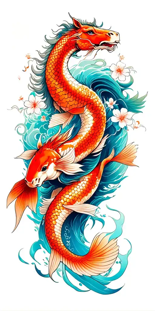 full sleeve including one chest in Japanese style featuring horse, dragon wrapped around hand, koi fish, sakura, sea tattoo design idea