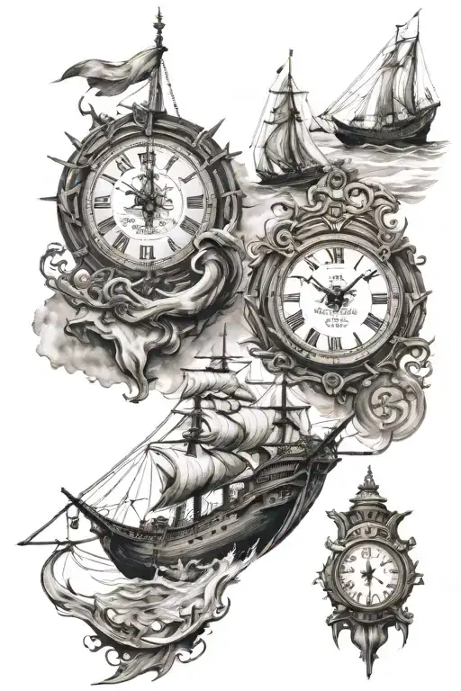 Viking at top, clock in the middle, ship at the bottom tattoo design idea