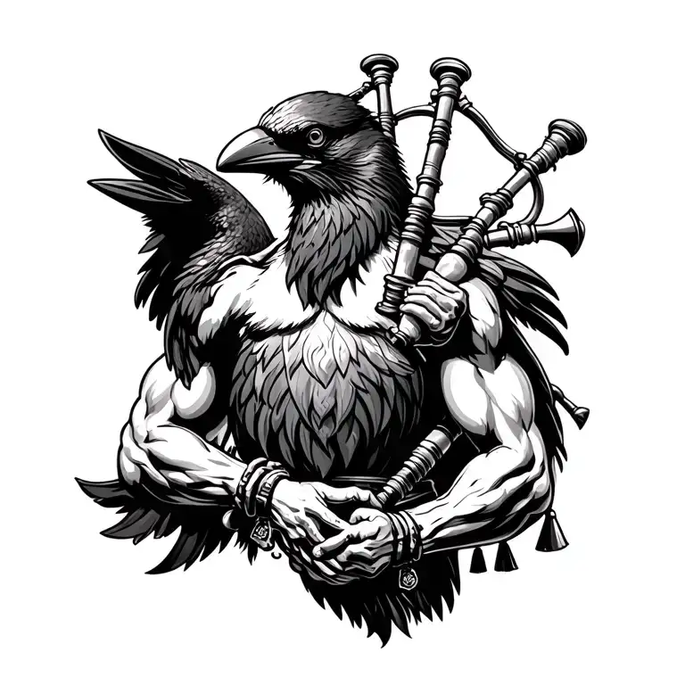 designs on wood carving crow muscular  bagpiper playing the bagpipes baldblack beard tattoo design idea