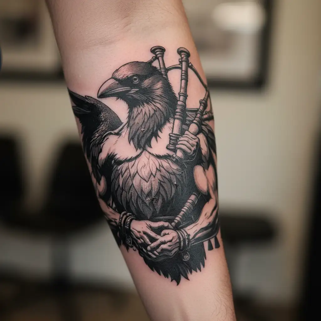 designs on wood carving crow muscular  bagpiper playing the bagpipes baldblack beard tattoo design idea