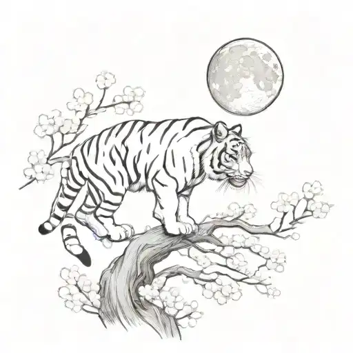 tiger walking cherry blossom tree branch moon made tattoo design idea