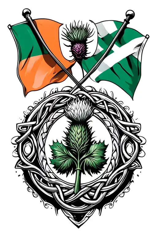 Irish and Scottish flags crossing with thistle with Celtic ring around  tattoo design idea