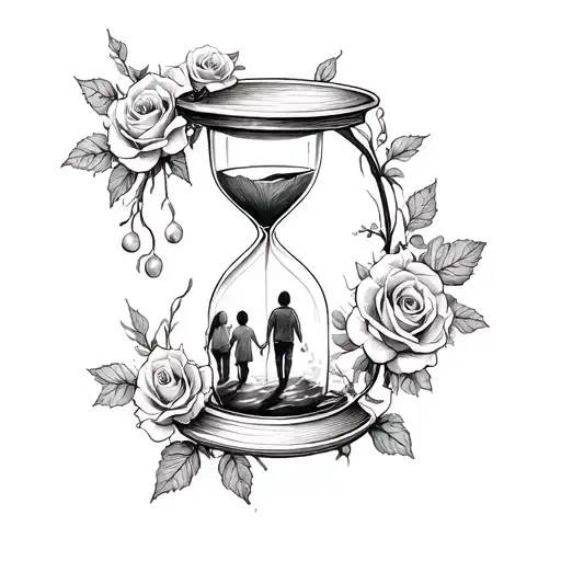 hour glass tattoo with roses around it and children walking inside it  tattoo design idea