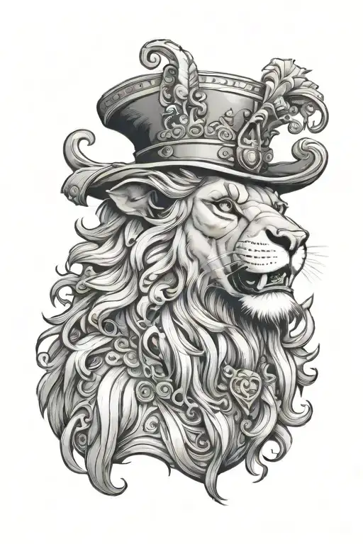 anthropomorphic necromancer lion in a jester's hat tattoo design idea