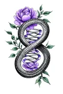 dna strand with a snake coiled around it, with violet and peony flowers tattoo design idea