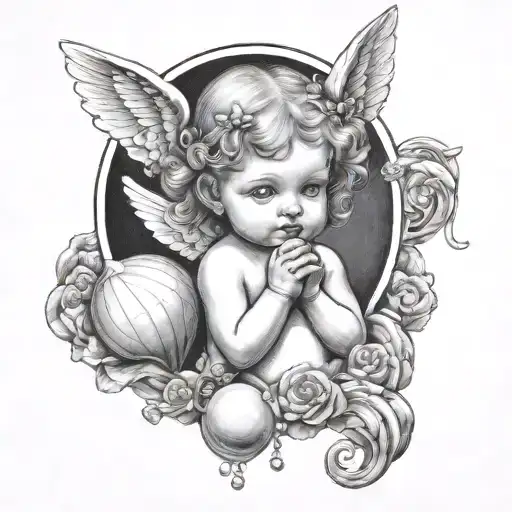 A baby angel with two horns above her head ,holding a diamond a shell which has a pearl in it  tattoo design idea