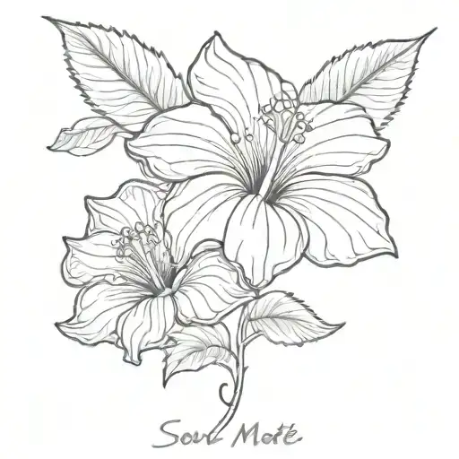 "soul mate" with a hibiscus flower smaller than the phrase tattoo design idea