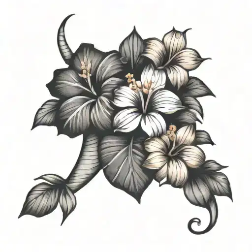 long hawaiian lei, plumeria flowers, hibiscus flower tattoo design idea