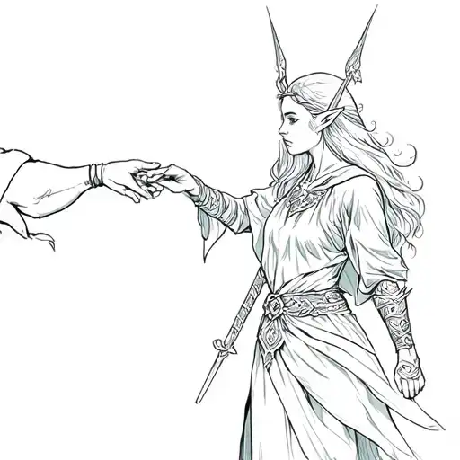 elf warrior woman reaching hand out to pull a woman tattoo design idea