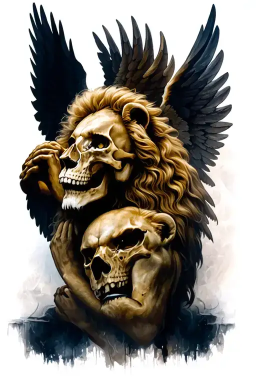 skull wings flying angel lion pray tattoo design idea