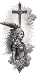norse Valkyrie, clouds, rays, a cross tattoo design idea