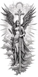 norse Valkyrie, clouds, rays, a cross tattoo design idea