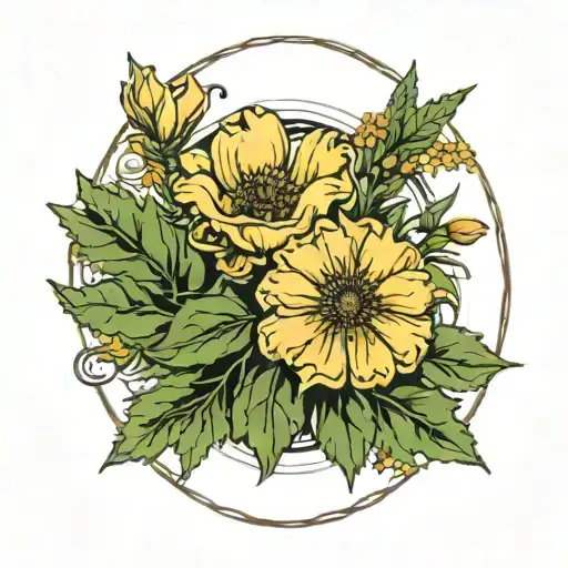 a marigold or poppy flower for a sun in an oval floral guaro border and a yucca shrub tattoo design idea