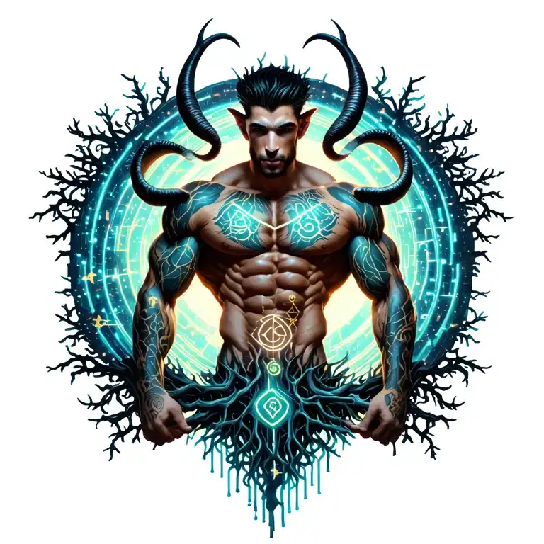 sexy gay male horned satyr with massive bodybuilder muscles flex. cyber tree roots, vines and constellations tattoo design idea