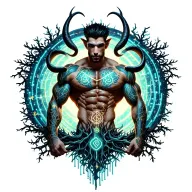 sexy gay male horned satyr with massive bodybuilder muscles flex. cyber tree roots, vines and constellations tattoo design idea
