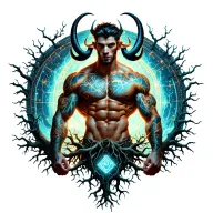 sexy gay male horned satyr with massive bodybuilder muscles flex. cyber tree roots, vines and constellations tattoo design idea
