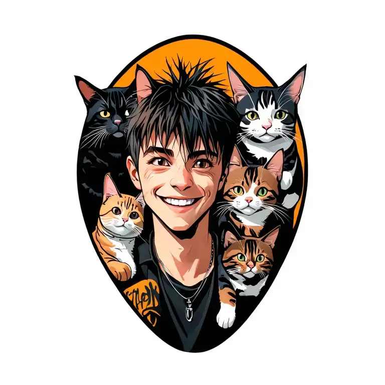 happy punk rock young man with gang of cats tattoo design idea