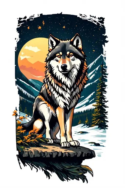 wolf standing on a ledge overlooking her pack tattoo design idea