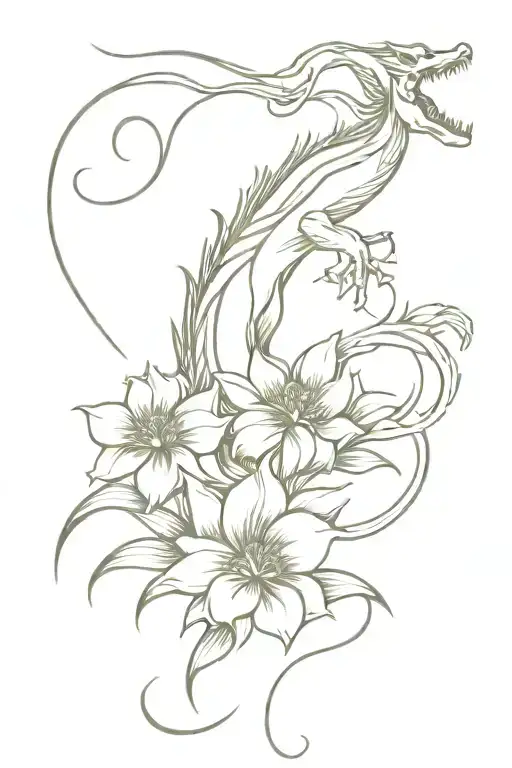dainty minimalist dragon and flowers tattoo design idea