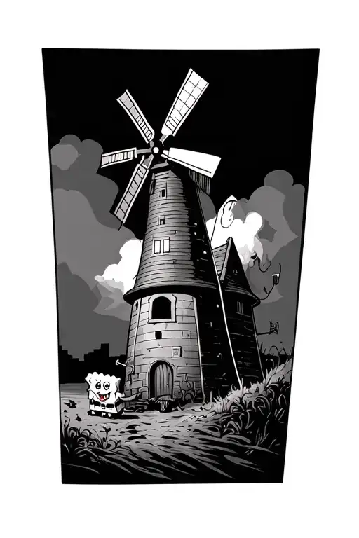 patieic star (SpongeBob) charging windmill don quixote tattoo design idea