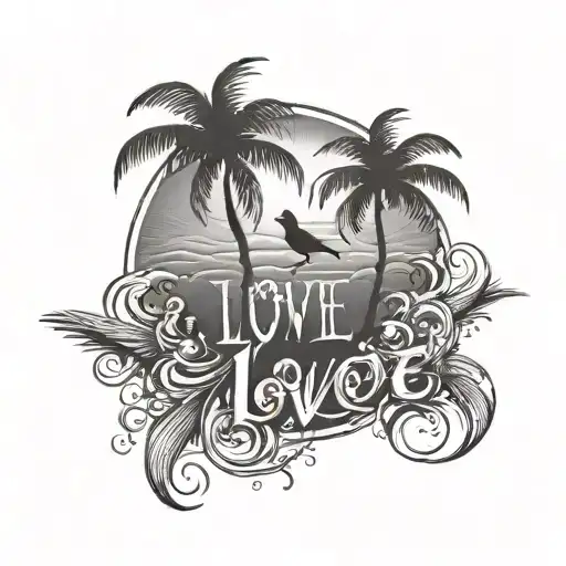 writting "one love" and three birds and palms rising sun tattoo design idea
