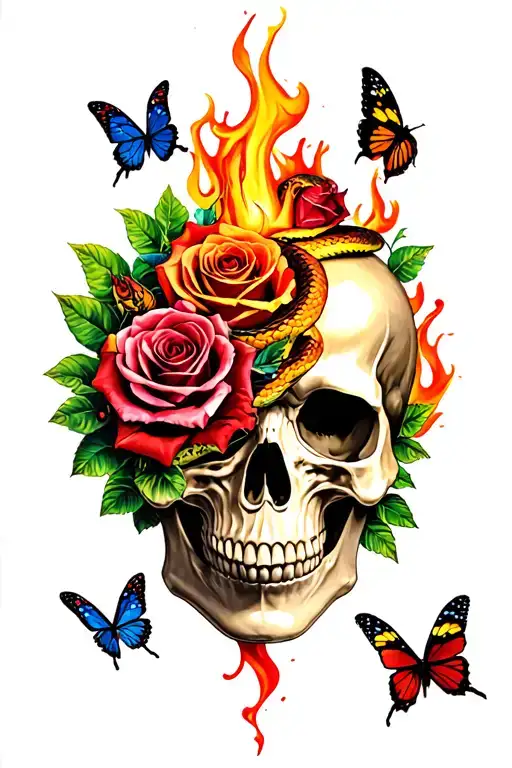 skull roses blood fire snake butterflies colorful tattoo design idea