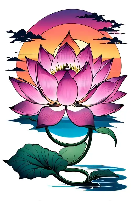 lotus with sunrise above and full moon below with gradient sky of pink and purple behind sun to dark blue behind moon tattoo design idea