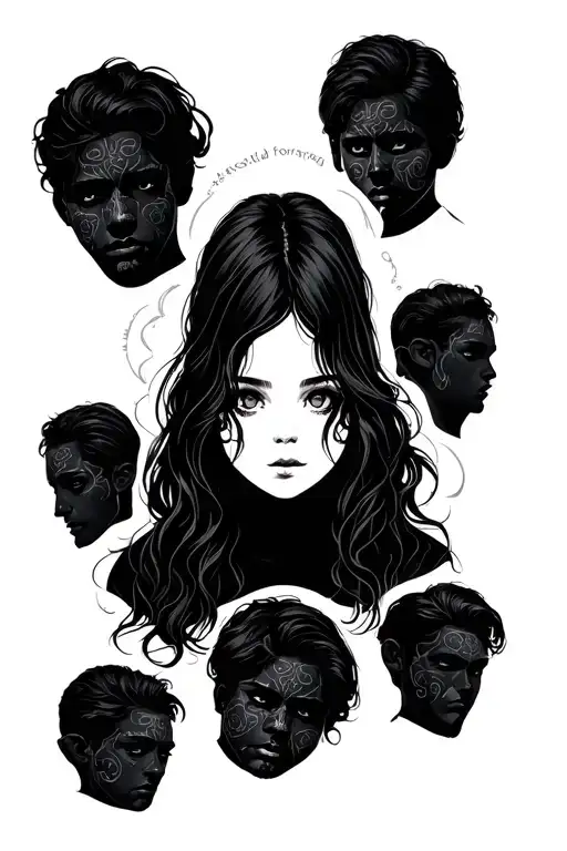 the silhouette of a girl with hair without a face in the middle, and around her the silhouettes of people with black fac tattoo design idea