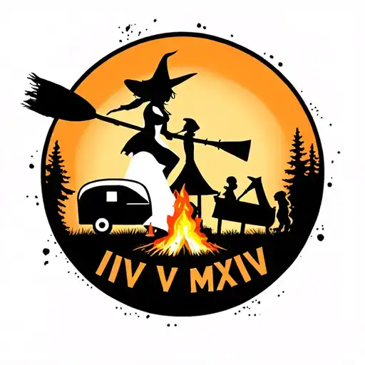 "IV V MMXIV" silhouette of busty sexy witch bride on broomstick over a campsite with a trailer and campfire with children & dog tattoo design idea