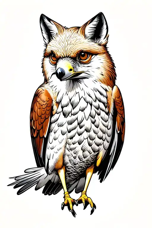 Fox portrait left; red-tailed hawk diving right in woodcut style, shared compact layout. tattoo design idea