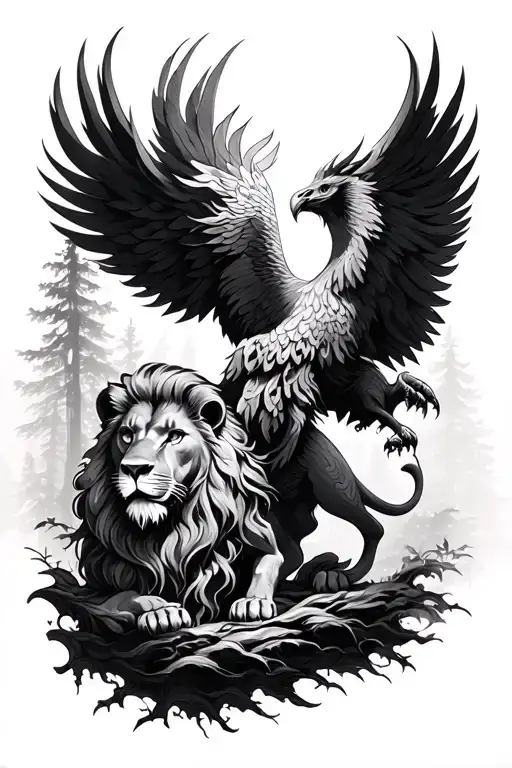 lion phoenix and forest scene tattoo design idea