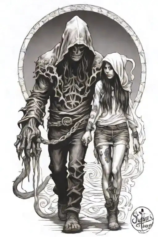 a girl and a huge hooded beast or demon walking side by side holding hands tattoo design idea