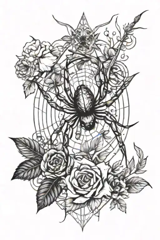 A tattoo design featuring a spider weaving its web among a variety of plants and flowers, with arrows intertwined in the background tattoo design idea